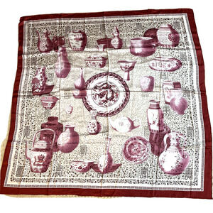 Large Silk Scarf 42 in square NWT silky Asian red pink teapots vessels vases